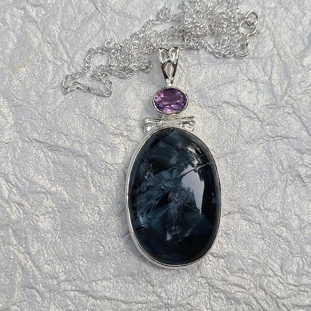 Pietresite and Amethyst Sterling Silver Pendant-Chunky Pietresite Pendant - Picture 2 of 6